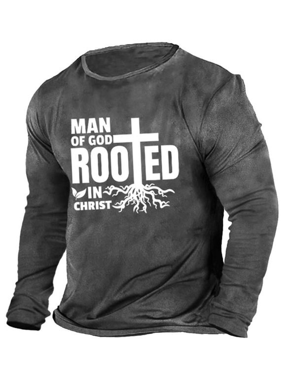 T-shirt Décontracté à Imprimé Lettre Slogan à Manches Longues à Col Rond - Gris 3XL