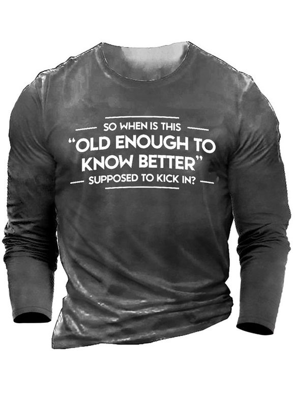 T-shirt à Imprimé Graphique Slogan en Coton à Manches Longues - Gris 3XL