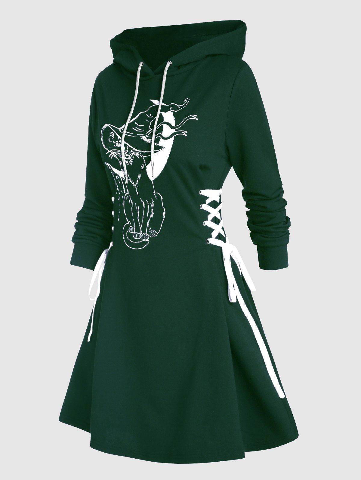 Mini Robe Ligne A Gothique à Imprimé Chat et Lune à Lacets à Manches Longues - Vert profond XL