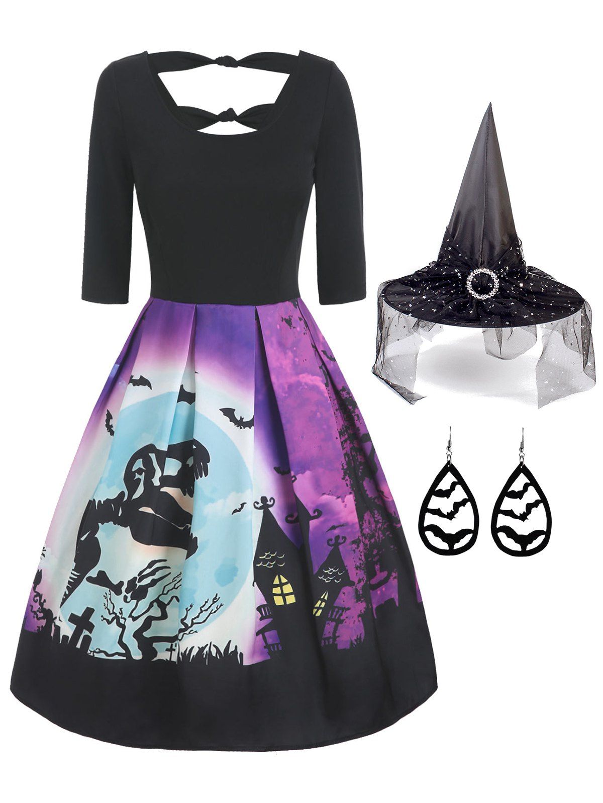 Halloween Dinosaur Skeleton Print Knotted V Back Dress And Mesh Witch Hat Bat Drop Earrings Outfit - multicolor S