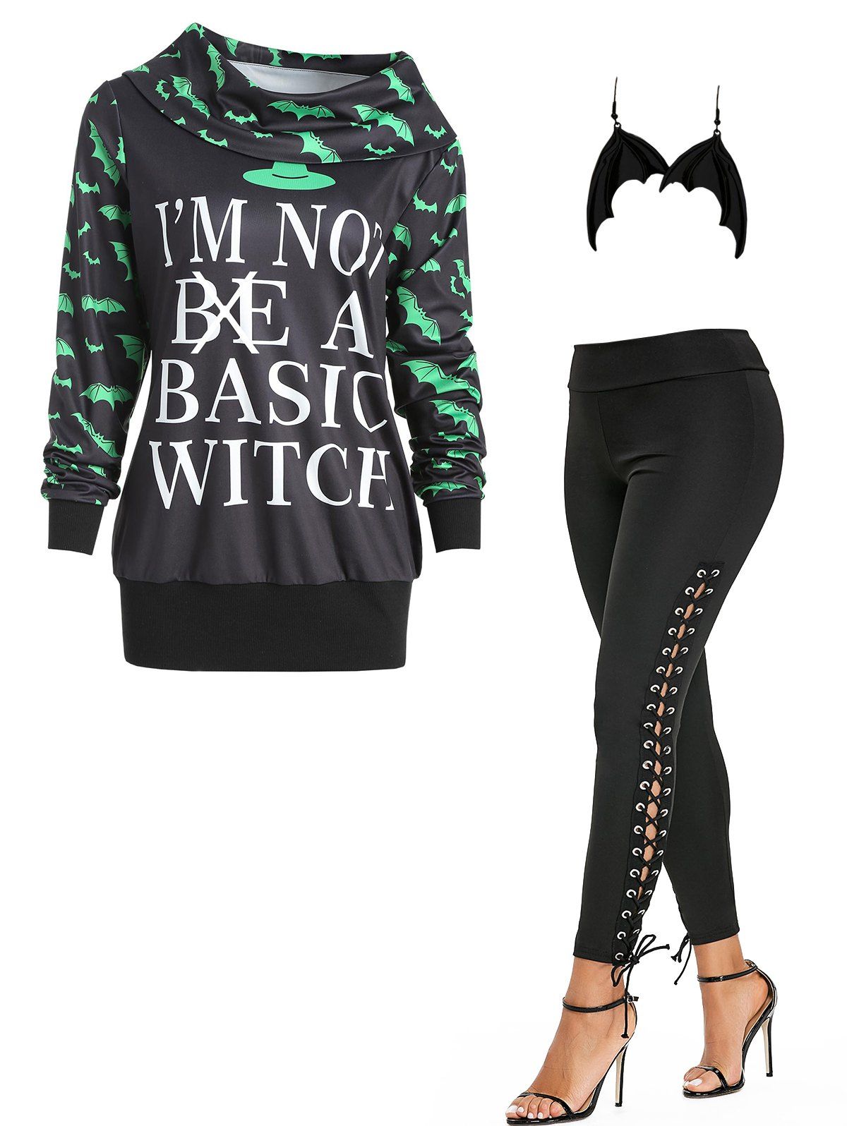 Halloween Outfit Bat Slogan Print Graphic Sweatshirt Lace Up Pants And Bat Drop Earrings Set - multicolor S
