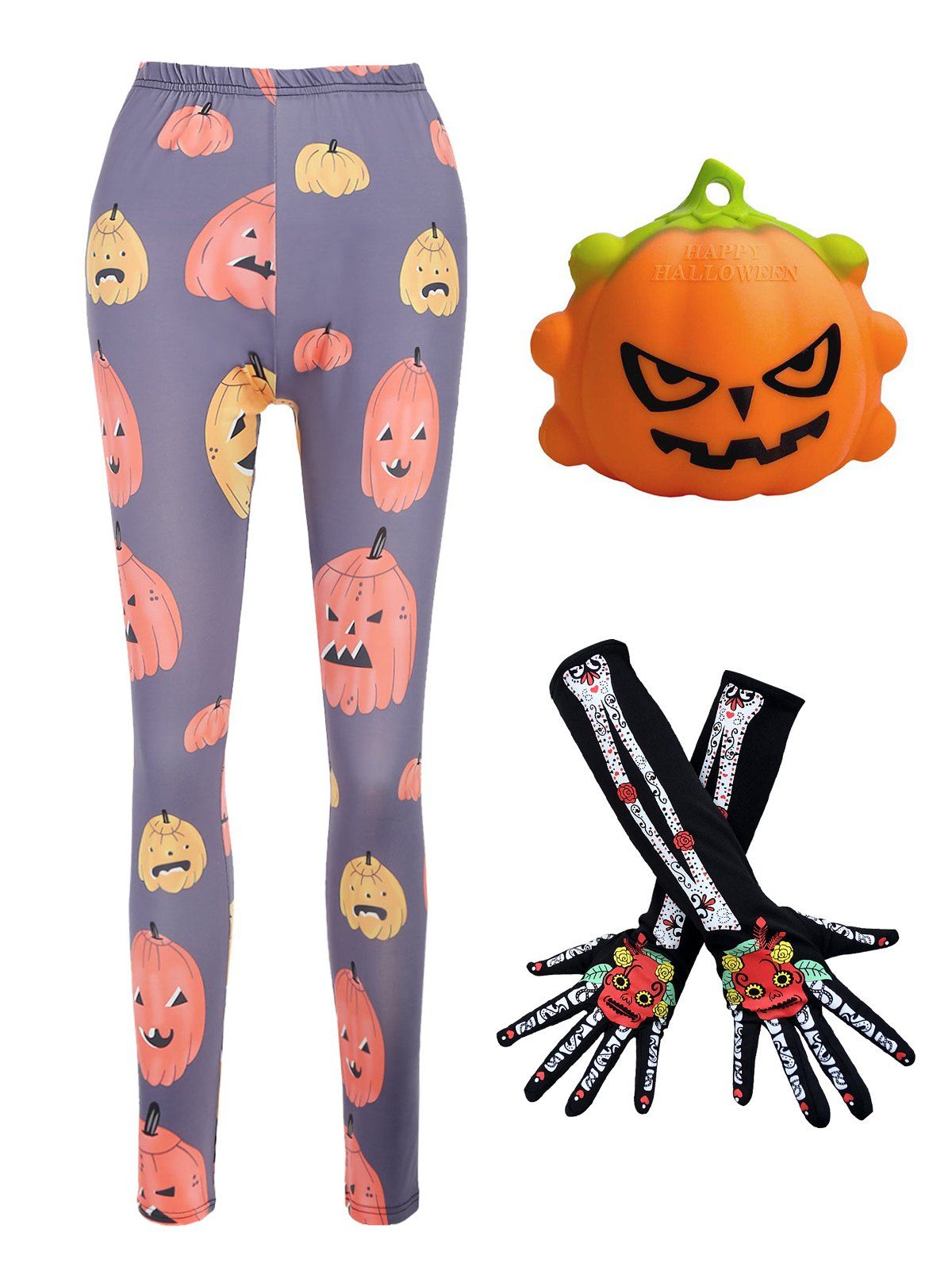 Halloween Cartoon Pumpkin Print Pants And Flower Skull Print Full Finger Long Arm Gloves Stress Relief Toy Set - multicolor S