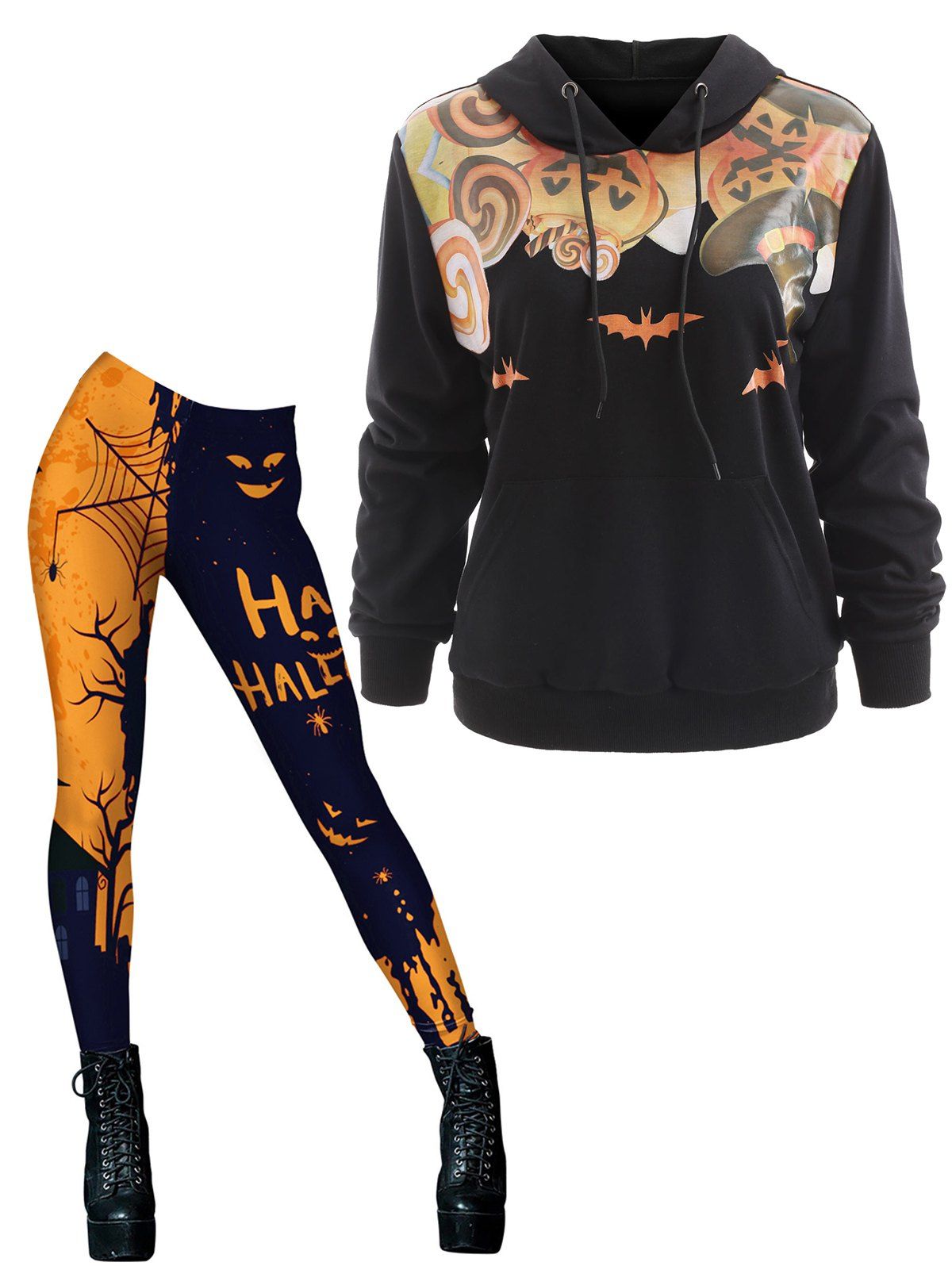 Pumpkin Lantern Halloween Hoodie And Colorblock Letter Spider Web Printed Skinny Leggings Set - multicolor S