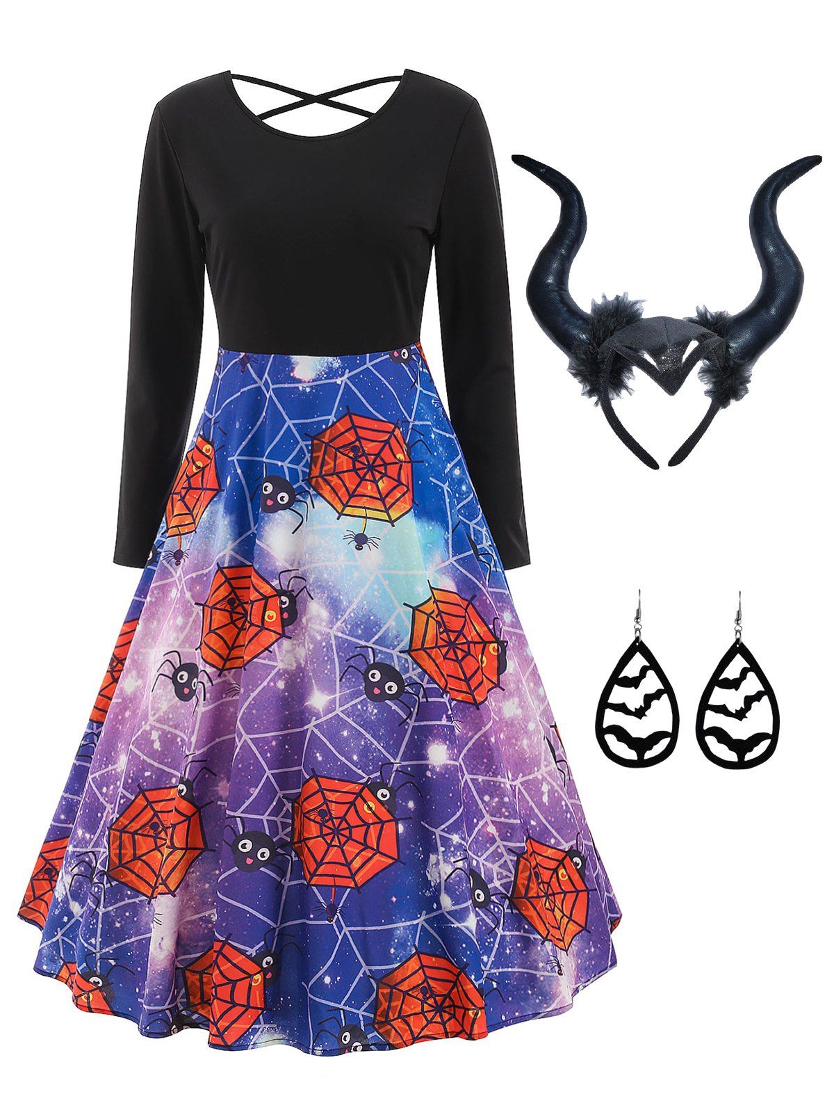 Galaxy Spider Web Print Crisscross Dress And Devil Horns Headband Bat Earrings Halloween Outfit - multicolor S