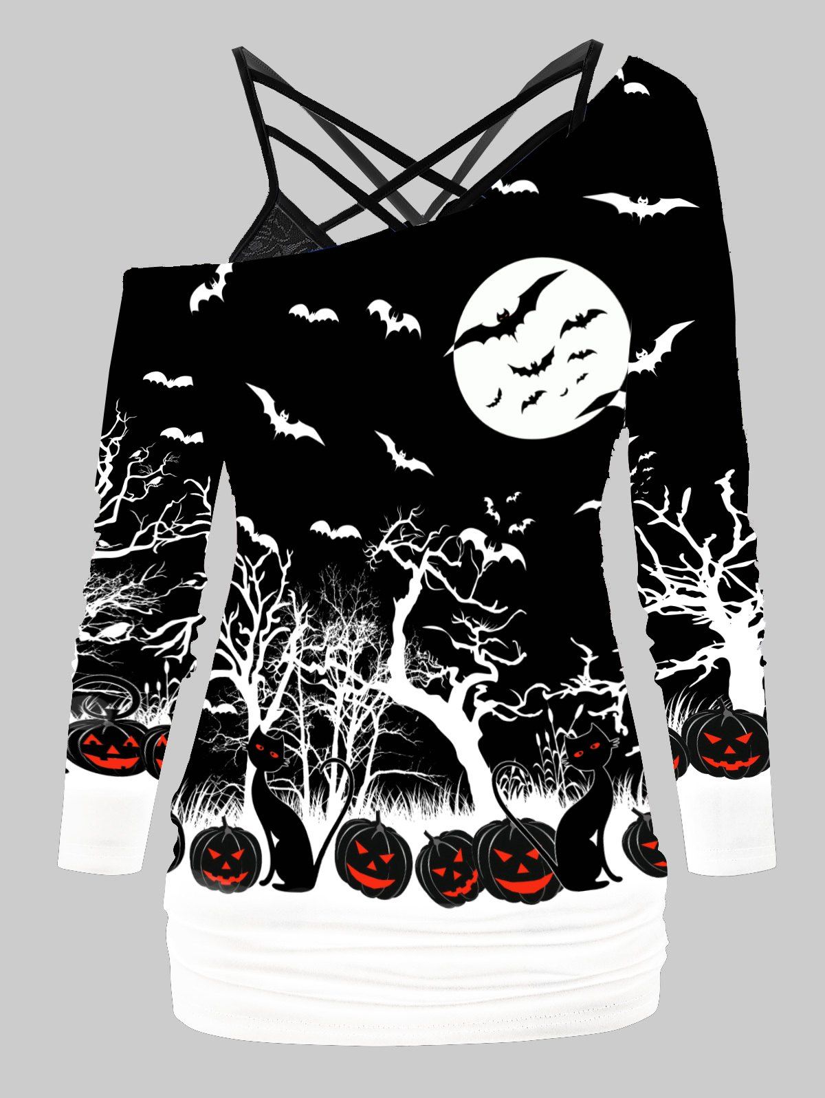 T-shirt D'Halloween à Imprimé Citrouille et Chauve-souris avec Haut à Bretelle en Dentelle - Noir XL