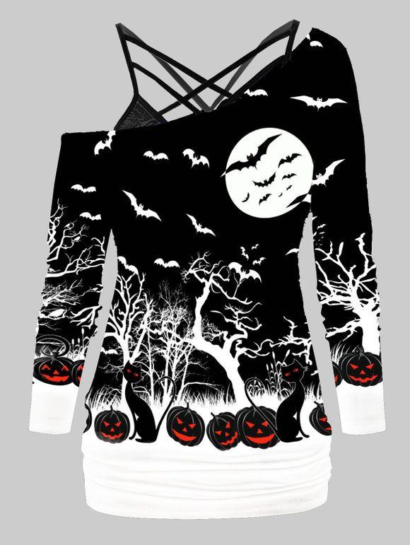 T-shirt D'Halloween à Imprimé Citrouille et Chauve-souris avec Haut à Bretelle en Dentelle - Noir XXXL