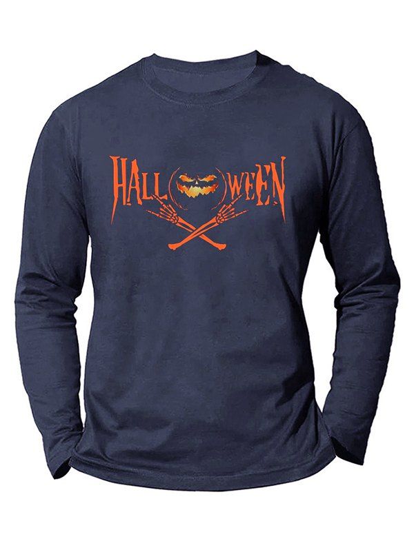 T-shirt D'Halloween Décontracté à Imprimé Graphique Citrouille Squelette à Manches Longues à Col Rond - Cadetblue 2XL
