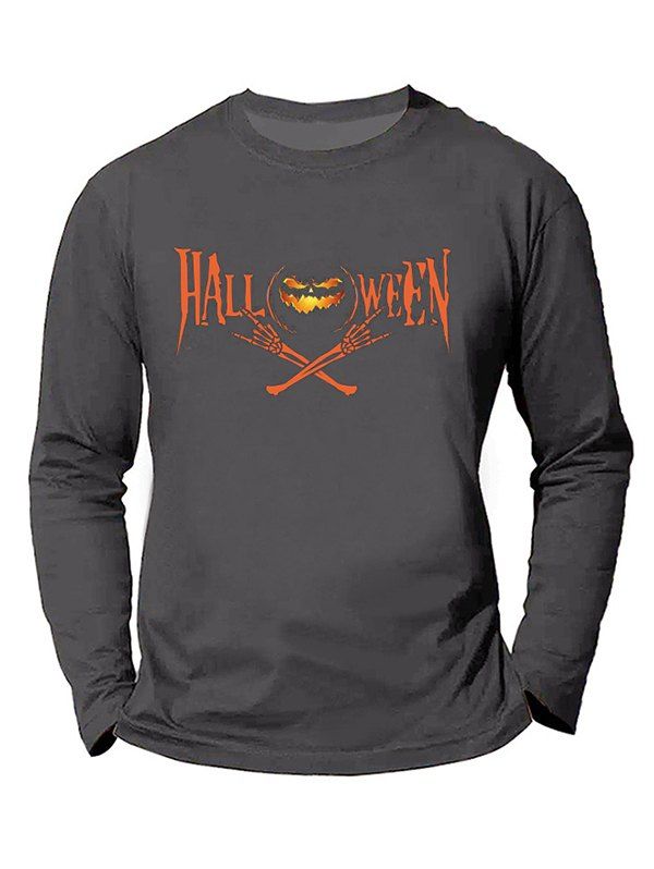 T-shirt D'Halloween Décontracté à Imprimé Graphique Citrouille Squelette à Manches Longues à Col Rond - Gris L