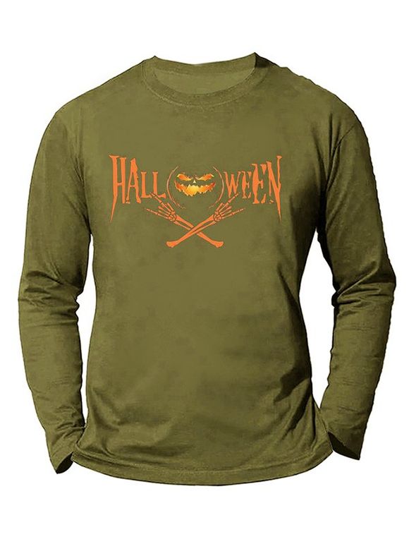 T-shirt D'Halloween Décontracté à Imprimé Graphique Citrouille Squelette à Manches Longues à Col Rond - Vert Armée 3XL
