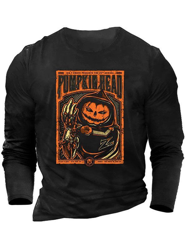 T-shirt Décontracté D'Halloween à Imprimé Citrouille Démon à Manches Longues à Col Rond - Noir XL