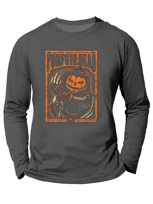 T-shirt Décontracté D'Halloween à Imprimé Citrouille Démon à Manches Longues à Col Rond - Gris 2XL