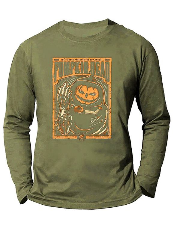 T-shirt Décontracté D'Halloween à Imprimé Citrouille Démon à Manches Longues à Col Rond - Vert Armée 3XL