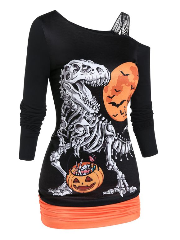 T-shirt D'Halloween à Imprimé Dinosaure Lune et Citrouille en Blocs de Couleurs à Col Oblique - Noir XXL