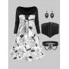 Pumpkin Bat Spider Web Print Dress With Lace Up Belt And Choker Spider Earrings Halloween Outfit - BLACK S