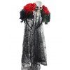Halloween Print Asymmetric Long Sleeve Dress And Bat Earrings Rose Flower Skull Wreath Headband with Tulle Outfit - multicolor S