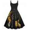 Plus Size Halloween Pumpkin Black Cat Print A Line Dress Twisted Ring High Waist Cami Dress - BLACK 3X