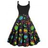 Plus Size Halloween Psychedelic Pumpkin Mushroom Moon Print A Line Dress Twisted Ring High Waist Dress