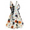 Plus Size Dress Animal Pumpkin Bat Print Lace Up Cami A Line Mini Halloween Dress - WHITE 4X
