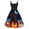 Plus Size Halloween Pumpkin Black Cat Print A Line Dress Twisted Ring High Waist Cami Dress