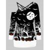 Halloween Bat Pumpkin Print T-shirt with Flower Lace Cami Top - CONCORD S