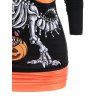 T-shirt D'Halloween à Imprimé Dinosaure Lune et Citrouille en Blocs de Couleurs à Col Oblique - Noir XL