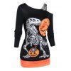 T-shirt D'Halloween à Imprimé Dinosaure Lune et Citrouille en Blocs de Couleurs à Col Oblique - Noir XXXL