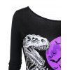 T-shirt D'Halloween à Imprimé Dinosaure Lune et Citrouille en Blocs de Couleurs à Col Oblique - Concorde S