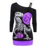 T-shirt D'Halloween à Imprimé Dinosaure Lune et Citrouille en Blocs de Couleurs à Col Oblique - Noir XL