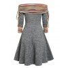 Plus Size Dress Convertible Neck Cinched Colored Striped Print Flare A Line Dress - GRAY 1X