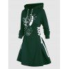 Mini Robe Ligne A Gothique à Imprimé Chat et Lune à Lacets à Manches Longues - Vert profond L