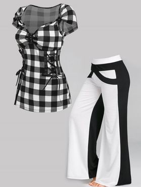 Plaid Print Lace Up Ruched Bust Cap Sleeve Tee And Two Tone Elastic High Waisted Wide Leg Pants Plus Size Outfit