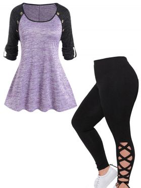 Plus Size Colorblock Space Dye Roll Up Sleeve T Shirt And Lace Up Leggings Casual Outfit