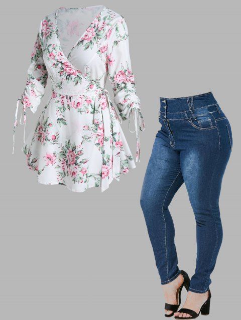 Plus Size Wrap Flower Leaf Print Cinched Tied T Shirt And Zipper Fly Pockets Jeans Casual Outfit