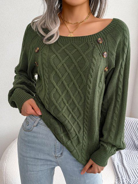 Cable Knit Sweater Mock Button Raglan Sleeve Crew Neck Pullover Sweater