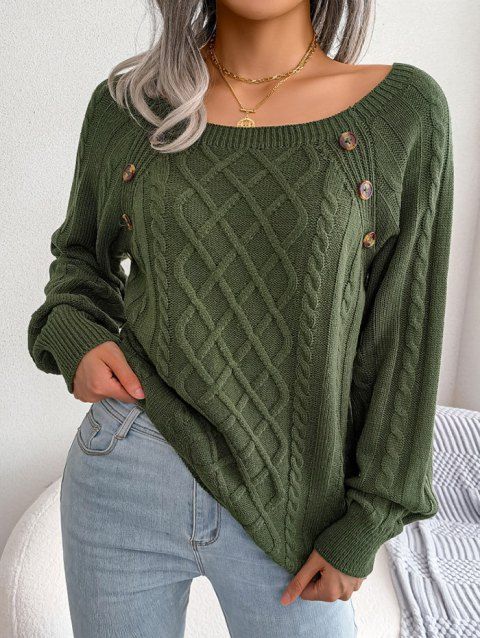 Pull en Tricot à Câble Boutonné à Manches Raglan à Col Rond