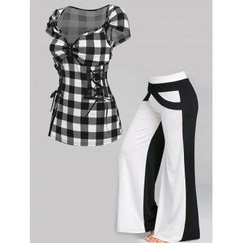 

Plaid Print Lace Up Ruched Bust Cap Sleeve Tee And Two Tone Elastic High Waisted Wide Leg Pants Plus Size Outfit, Multicolor