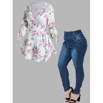 

Plus Size Wrap Flower Leaf Print Cinched Tied T Shirt And Zipper Fly Pockets Jeans Casual Outfit, Multicolor