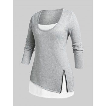 

Plus Size Zippered Faux Twinset Tee, Gray