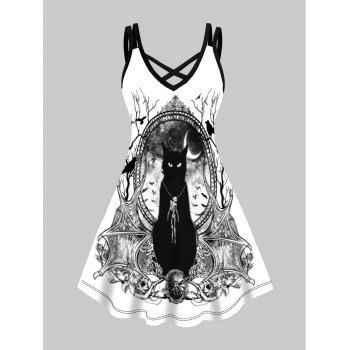 

Plus Size Mini Dress Halloween Black Cat Mirror Moon Skeleton Print Mini Dress Crisscross Dual Straps Cami Dress, White