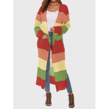 

Rainbow Color Cardigan Colorblock Open Front Slit Long Sleeve Pocket Longline Cardigan, Multicolor