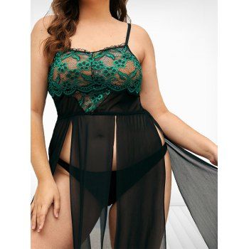 

Plus Size Lingerie Dress Embroidery Flower Lace Panel Slit Sheer Mesh Lingerie, Green