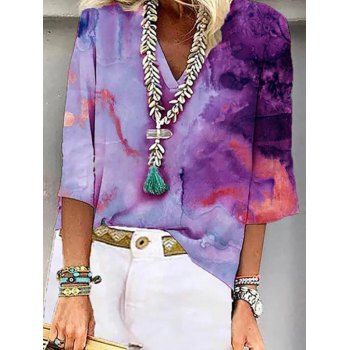 

Tie Dye Allover Print Tee V Neck Three Quarter Sleeve Casual T Shirt, Purple