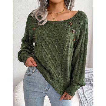 

Cable Knit Sweater Mock Button Raglan Sleeve Crew Neck Pullover Sweater, Deep green