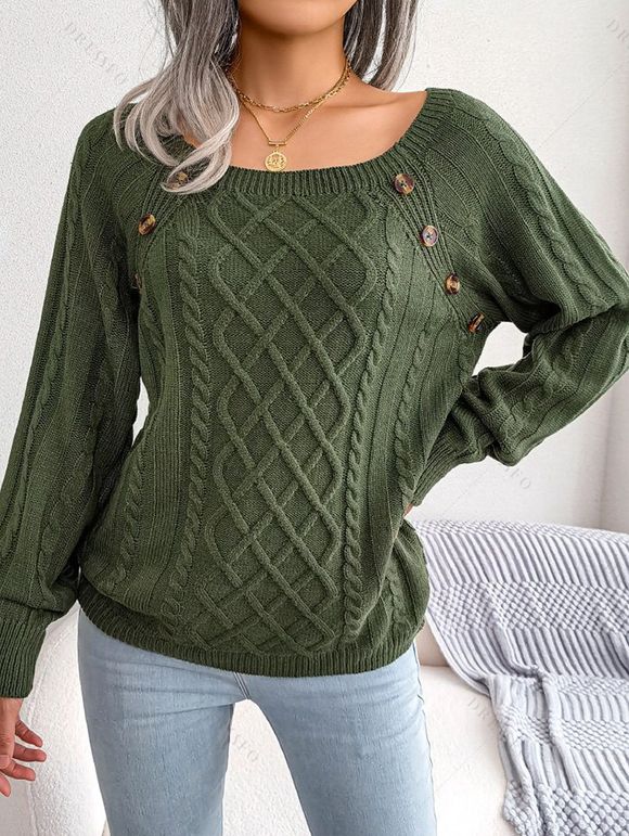 Pull en Tricot à Câble Boutonné à Manches Raglan à Col Rond - Vert profond 2XL