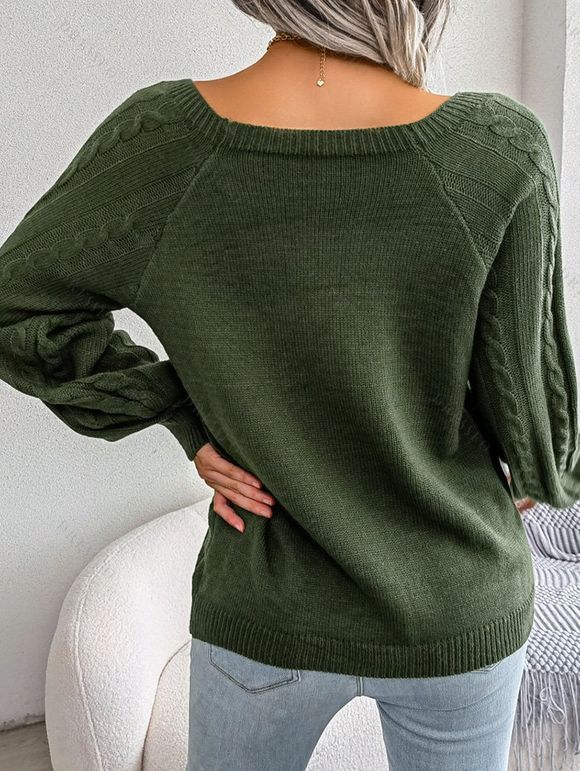Pull en Tricot à Câble Boutonné à Manches Raglan à Col Rond - Vert profond 2XL