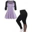 Plus Size Colorblock Space Dye Roll Up Sleeve T Shirt And Lace Up Leggings Casual Outfit - multicolor L