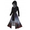 Halloween Bat Tree Branches Print High Slit Long Hooded Dress And Lace Panel Long Sleeve Mini Tee Dress Two Piece Set