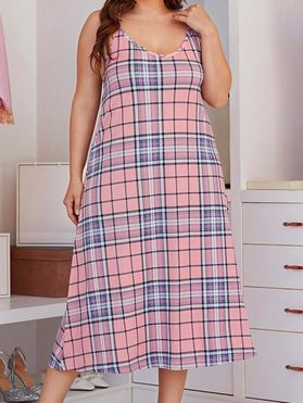 Plus Size Midi Sleep Dress Plaid Print Cami Nightgown Cross Adjustable Spaghetti Straps Sleepwear Dress