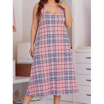 

Plus Size Midi Sleep Dress Plaid Print Cami Nightgown Cross Adjustable Spaghetti Straps Sleepwear Dress, Light pink