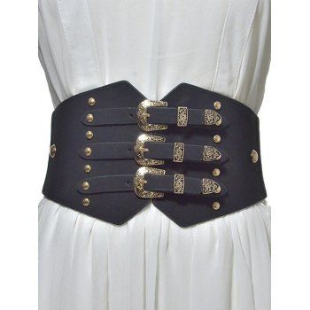 

Vintage Dress Shirt Decoration Metal Buckle PU Wide Waist Belt, Black